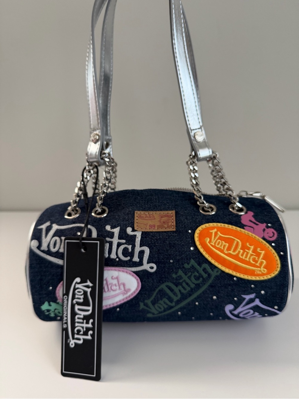 Von Dutch Denim Mini Barrel Bag in Dark Blue with Silver Straps